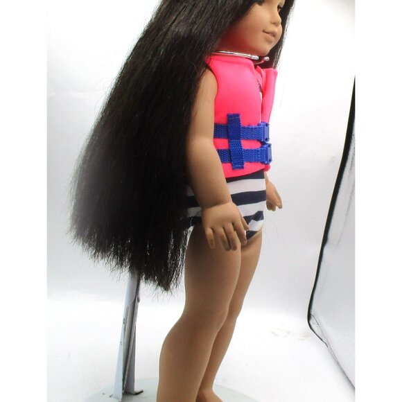 American Girl Doll With Long Black Hair Wearing Striped Swimsuit & Pink Life Ves - Picture 2 of 5